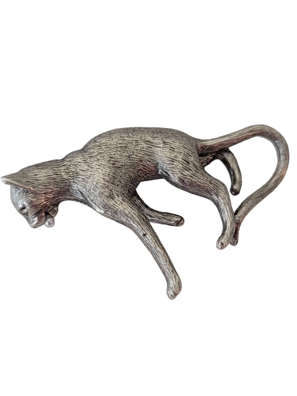 Sterling Silver Signed Clear Rhinestone Cat With Faux Pearl Ball Pin Brooch E710